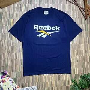Vintage 90s Reebok Single Stitch Tee Shirt Mens XL Navy Blue Spell Out Big Logo